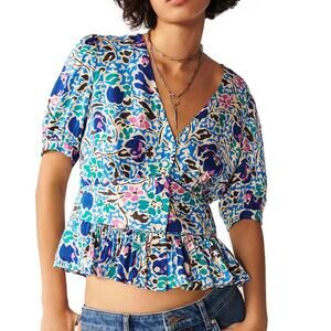 ba&sh Oleo Peplum Floral V Neck Top Blouse Womens Large Preppy Designer Feminine